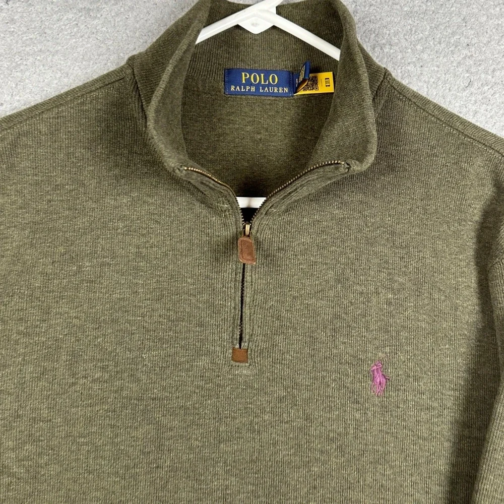 Polo Ralph Lauren Sweater Mens Large Olive Green Quarter Zip Pullover Mock Neck